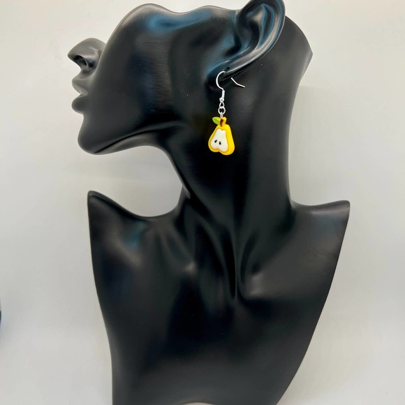 Chunky Pear Slice Fruit Earrings - Yellow and White - Picture 8 of 10